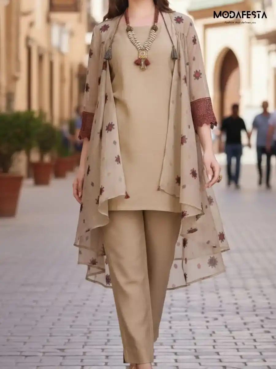 Jacket Styled Kurti sets beige with Accessories