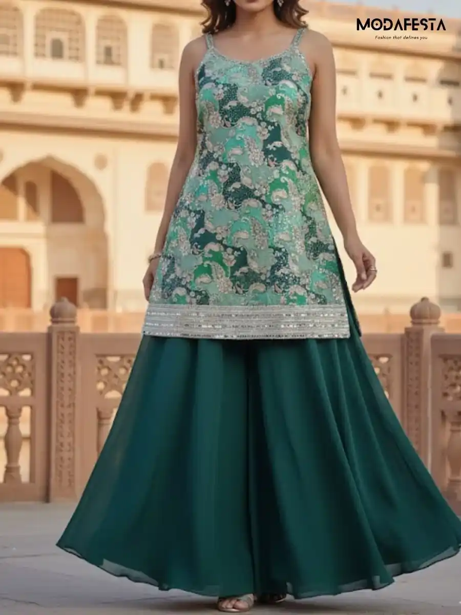 Plazo Set with sleeveless koti green & Pink