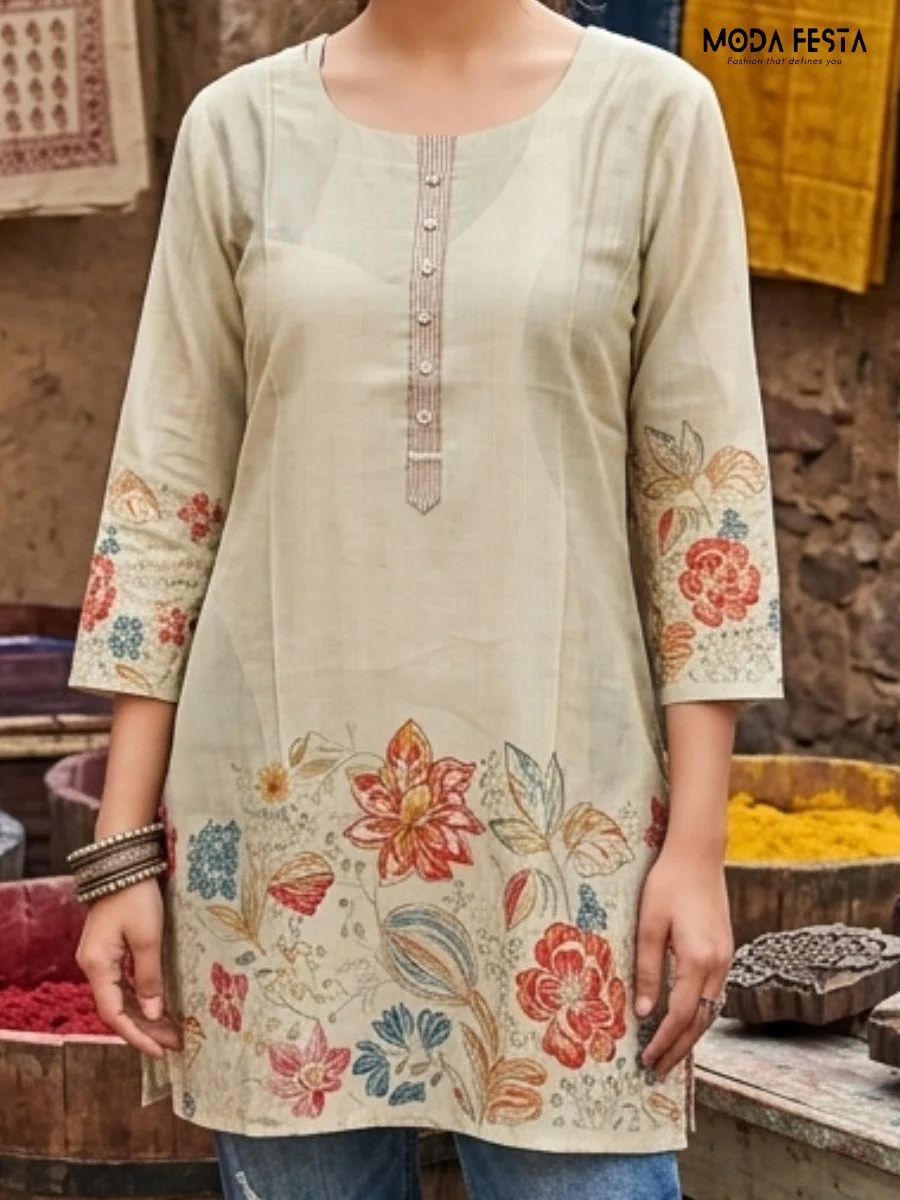 This elegant beige kurti features a delicate, multi-colored floral print along the hem and sleeves, offering a graceful and versatile choice for daily ethnic wear.