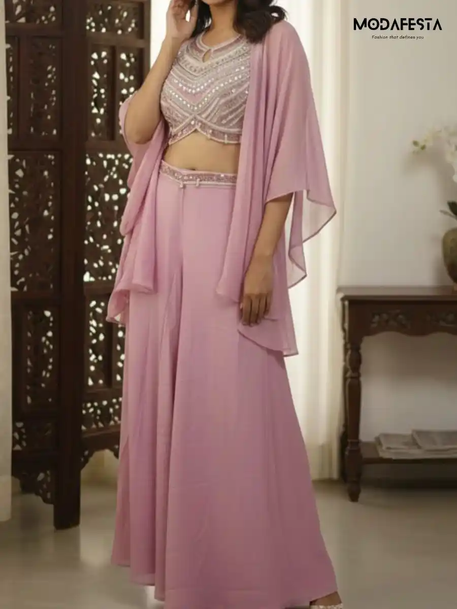 Plazo set with choli & Jacket pink