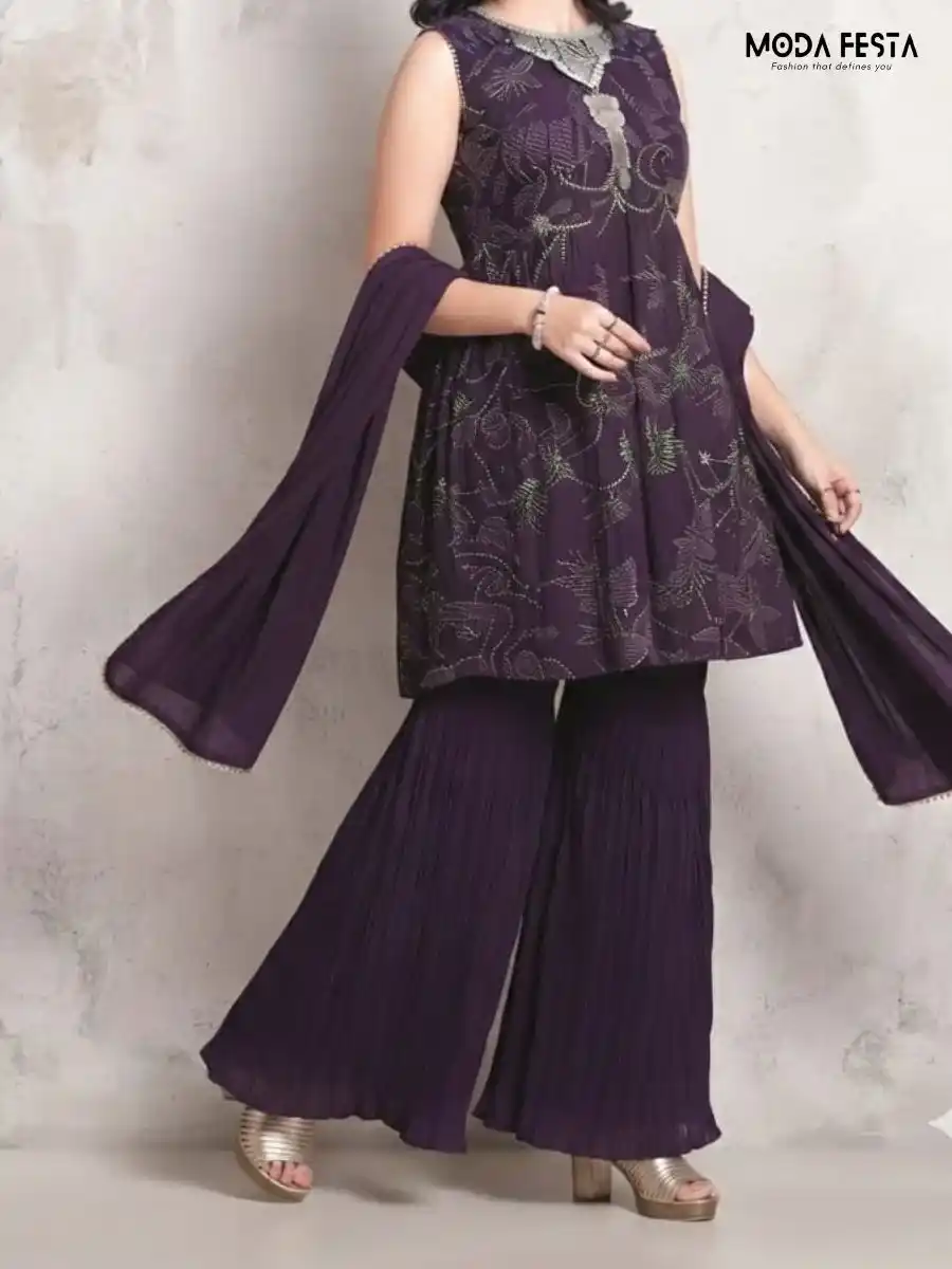 Bandini Purple Sharara Set with work on Neck Line