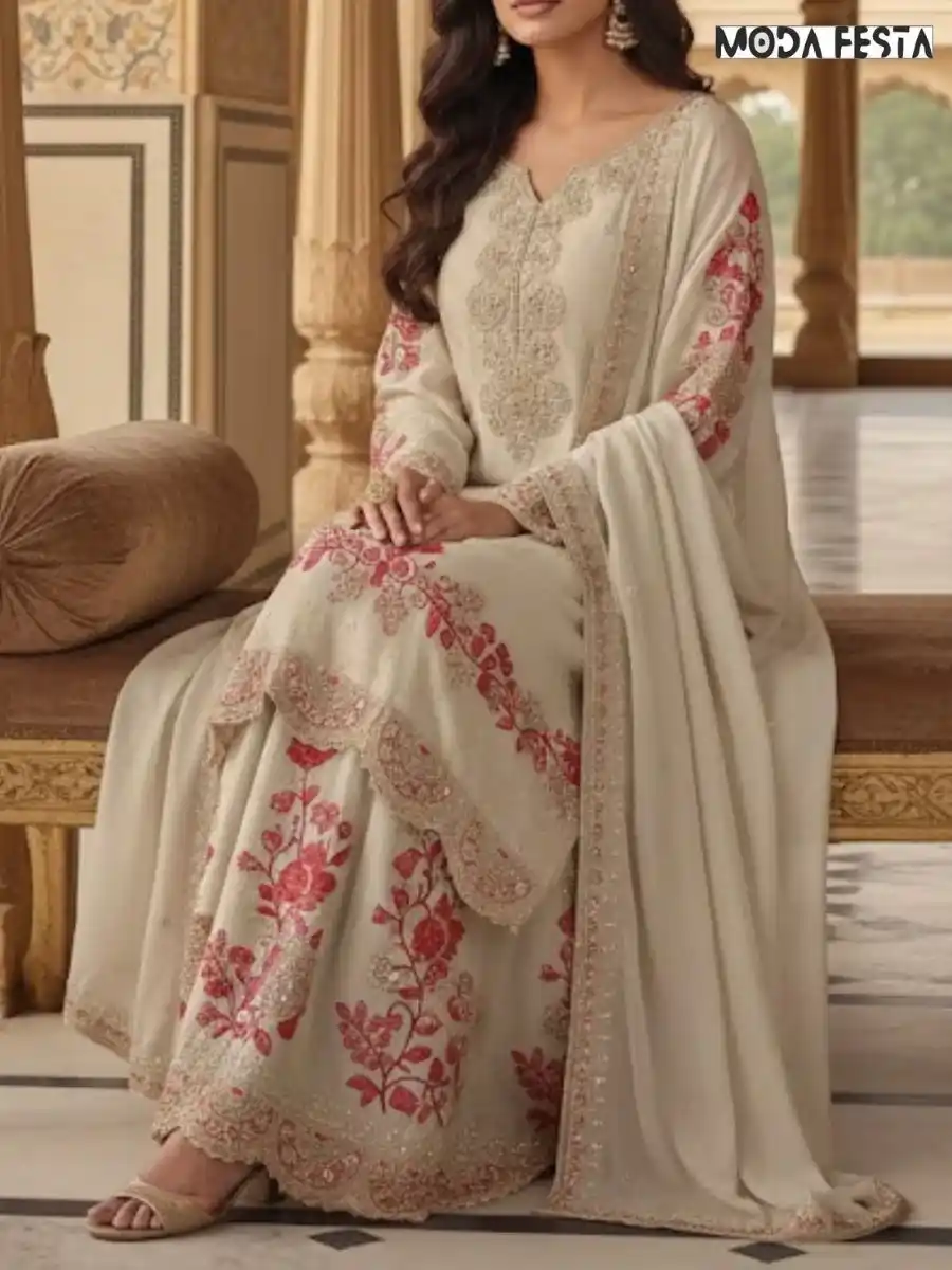 Cream with red work