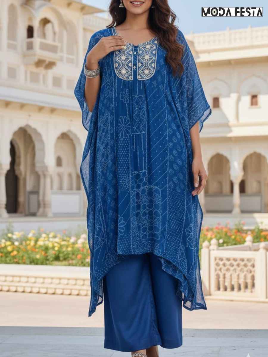 Blue kaftan style bandhani