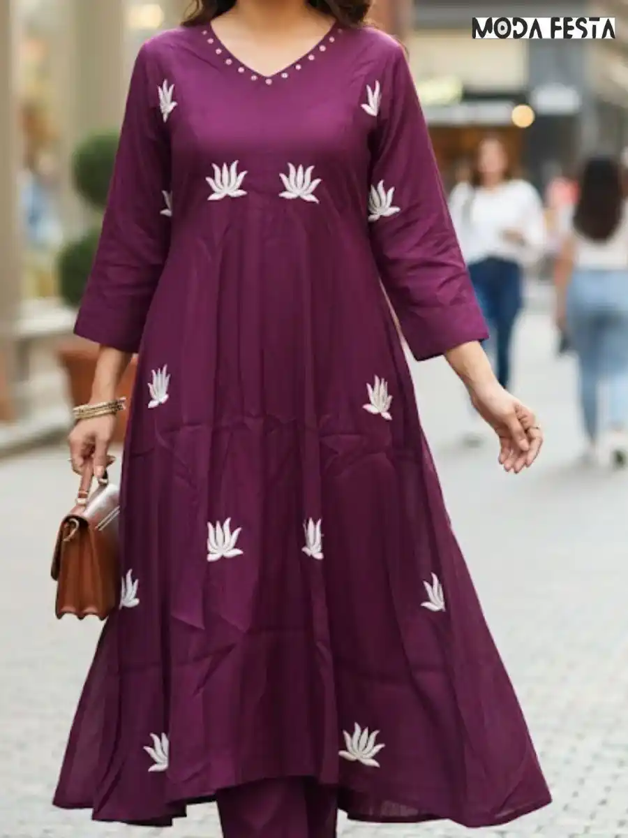 A line wine colour with white emb kurti pant