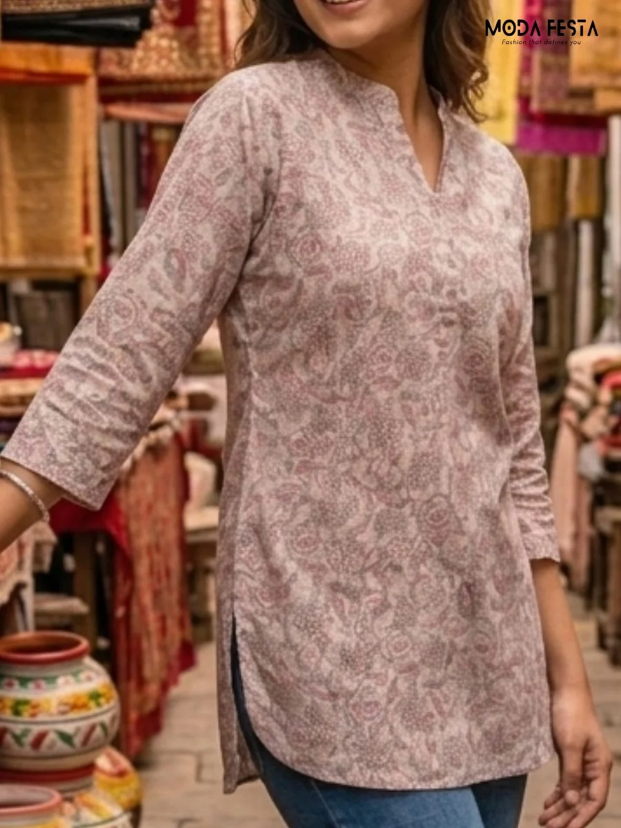This soft-toned kurti features an intricate, all-over floral pattern, offering a delicate and graceful aesthetic perfect for effortless everyday styling.