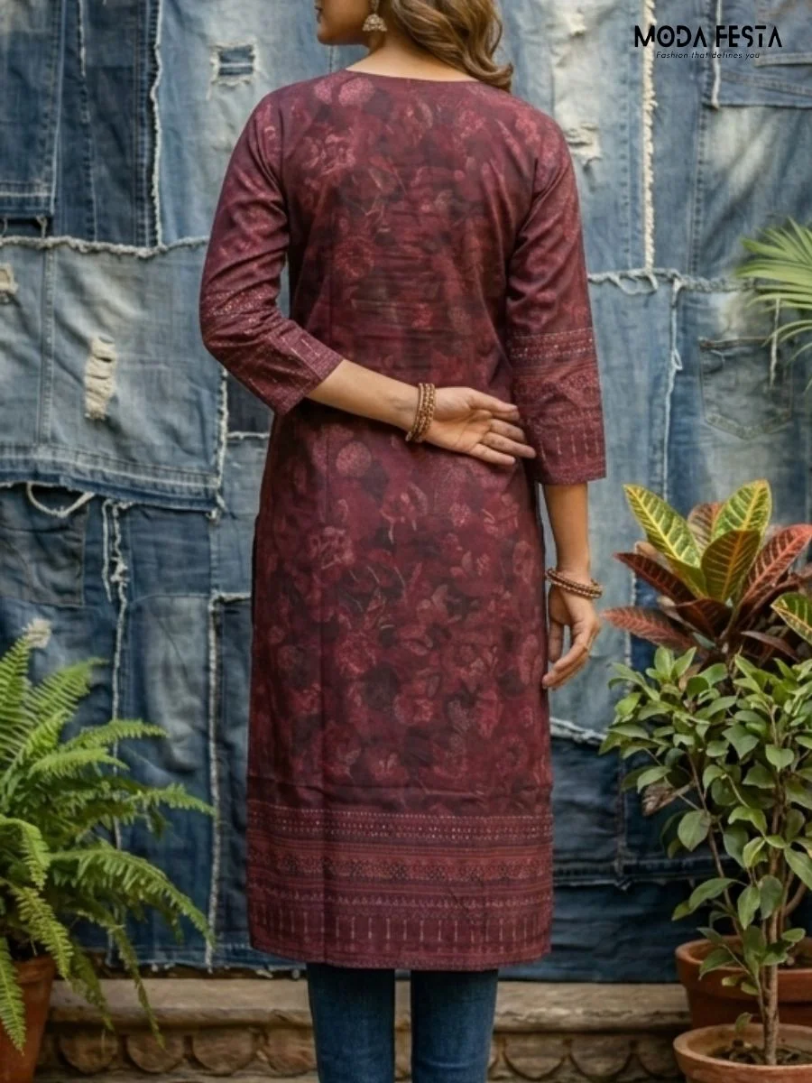 Elevate your everyday style with this olive-toned, V-neck kurta, featuring an elegant fusion of floral patterns and modern geometric motifs.