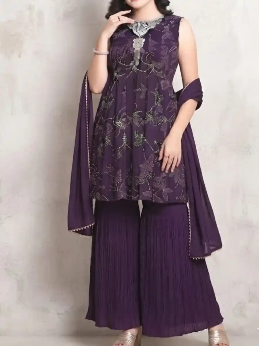 Bandini Purple Sharara Set with work on Neck Line