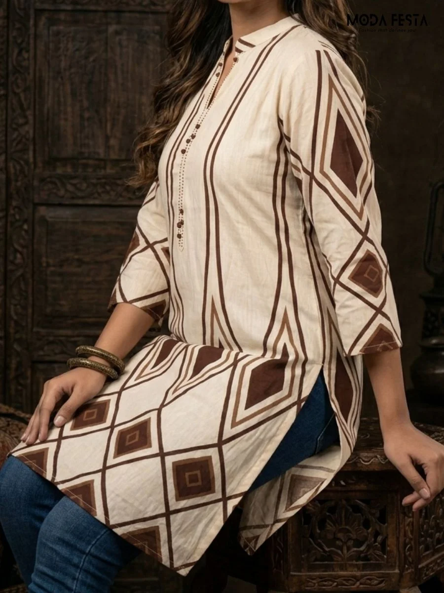 This chic beige kurti features a bold, contemporary geometric diamond print in shades of brown, making it a stylish choice for a modern ethnic look.