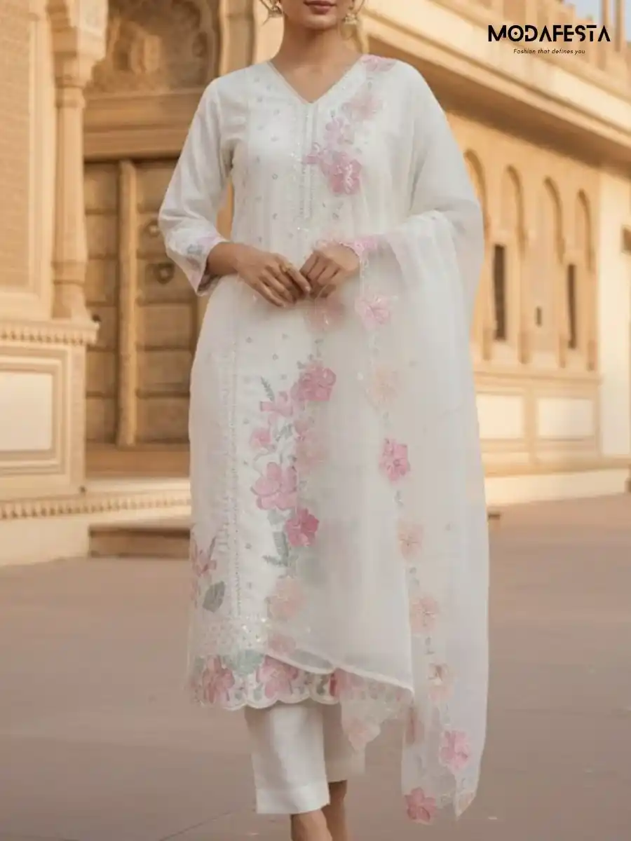 White Kurti Set with dupata work