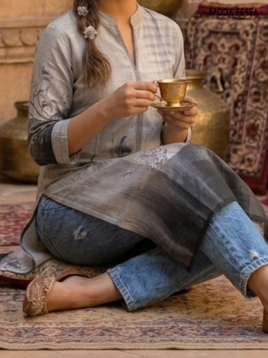 This sophisticated kurti features a gradient grey ombre effect adorned with delicate botanical floral illustrations, complemented by a clean, minimalist mandarin collar.