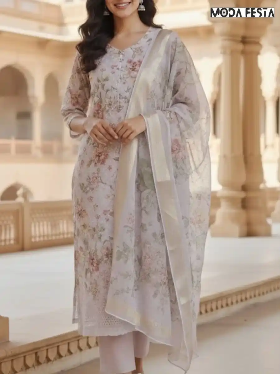 Chikan printed kurti set peach colour