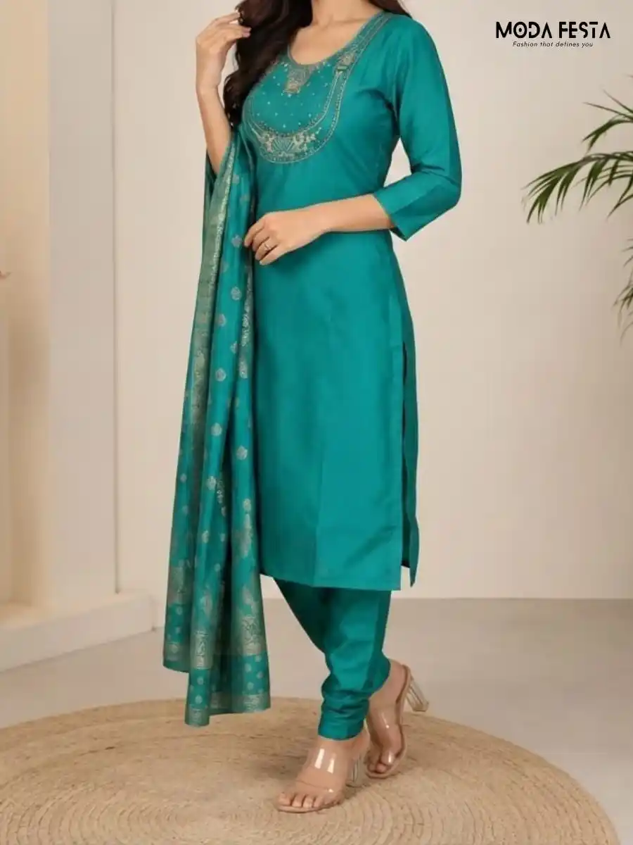 Muslin teal kurti pant