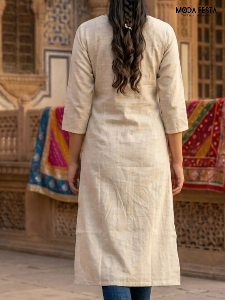 An elegant beige kurti featuring delicate embroidery on the neckline, offering a refined and versatile ethnic look.