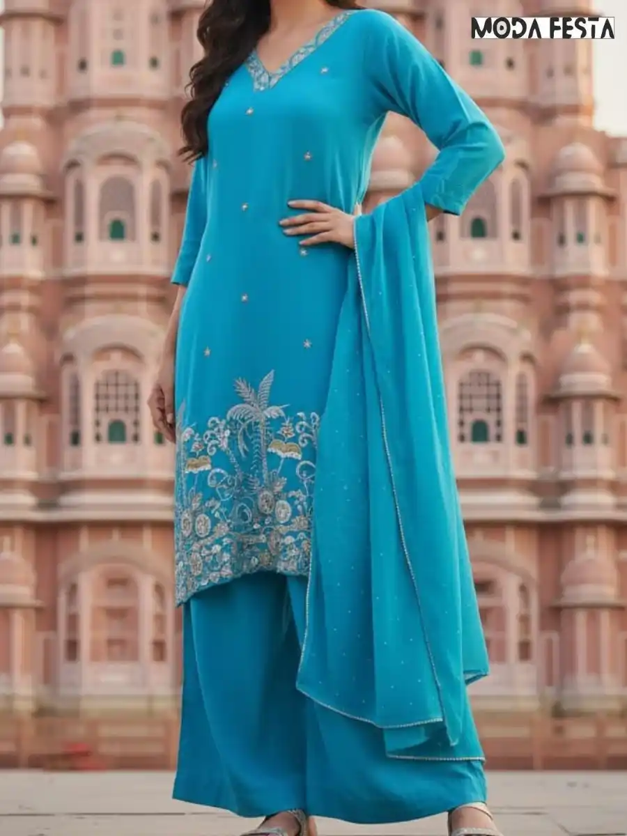 Blue Kurti Plazo with bottom work