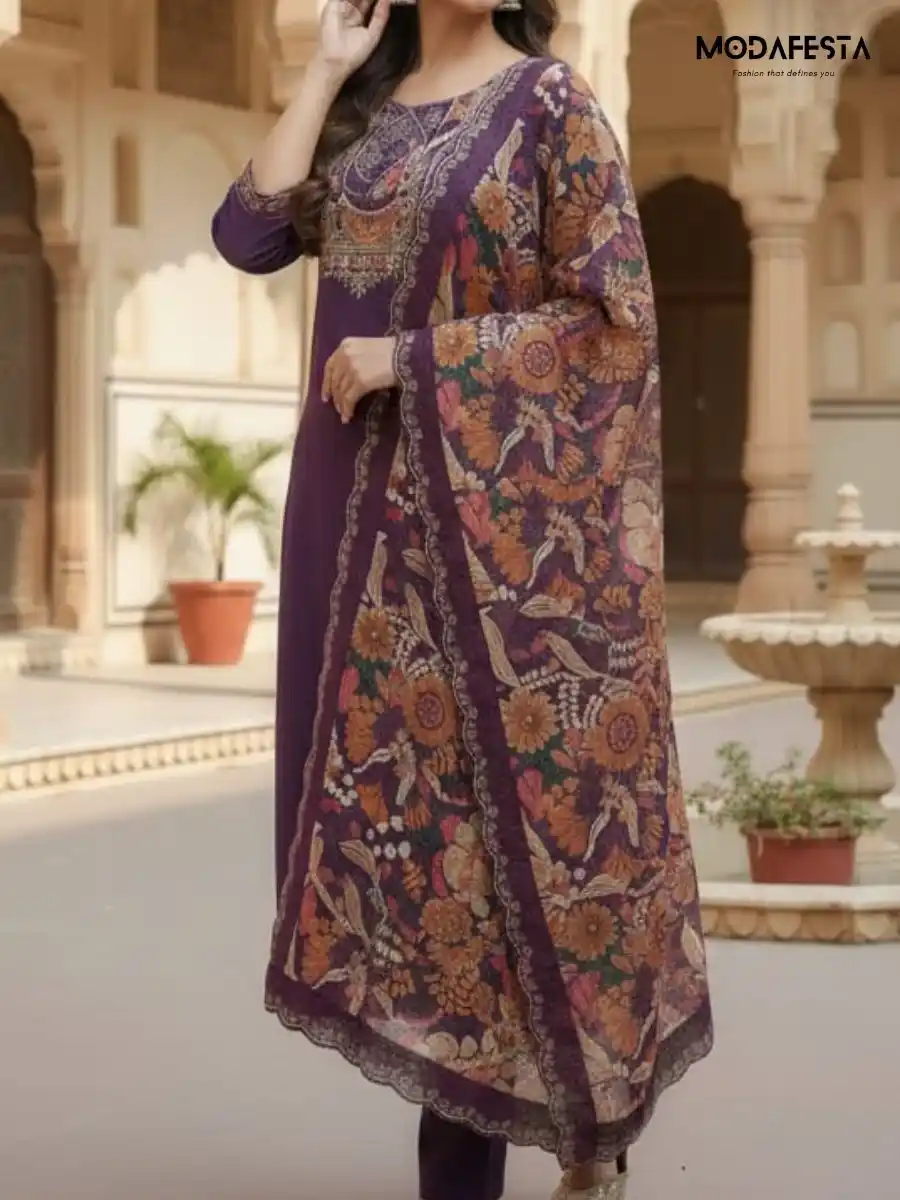 Purple Kurti Set with front kadai work