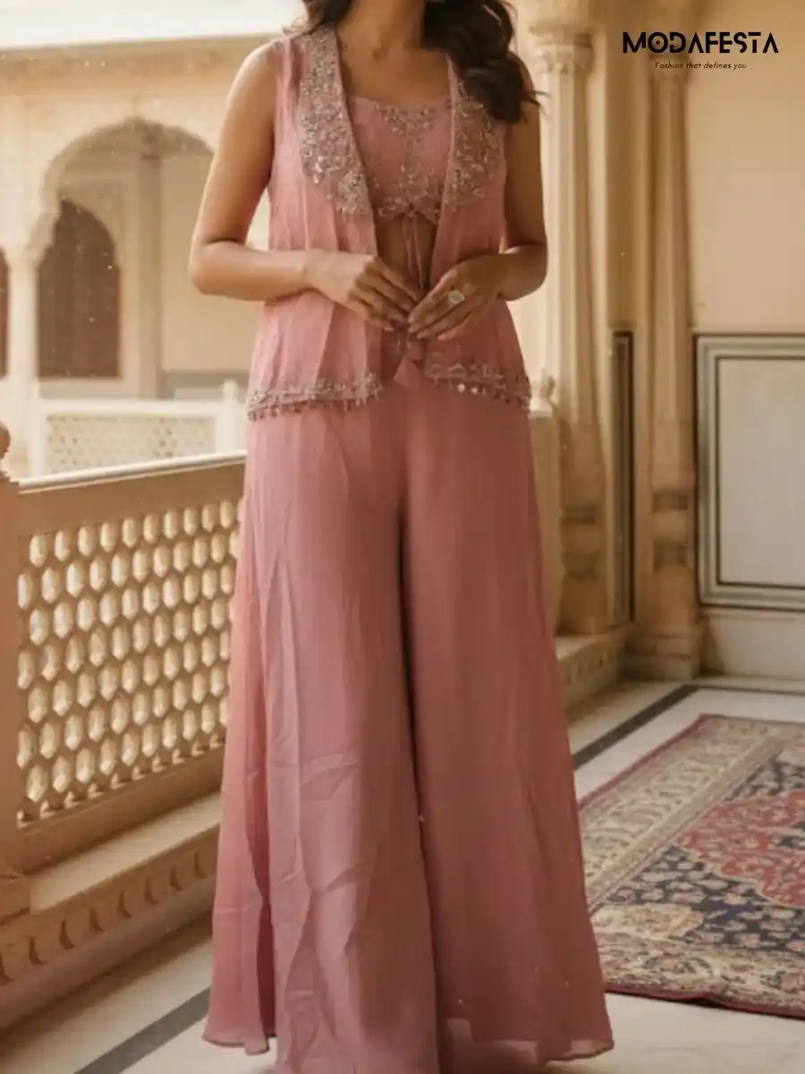 Peach Short Jacket Plazo Set