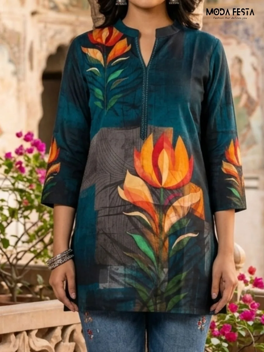 This striking teal short kurti features a bold, artistic floral print and a sleek band neckline, offering a modern and sophisticated take on ethnic casual wear.