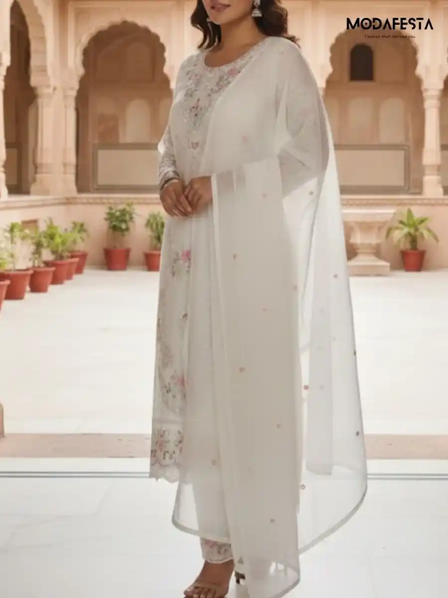 White Kurti Pant with all over work