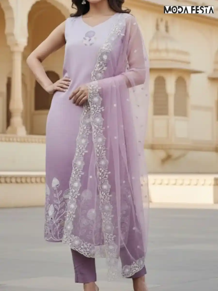 Sleeveless kurti set purple with bottom cut work