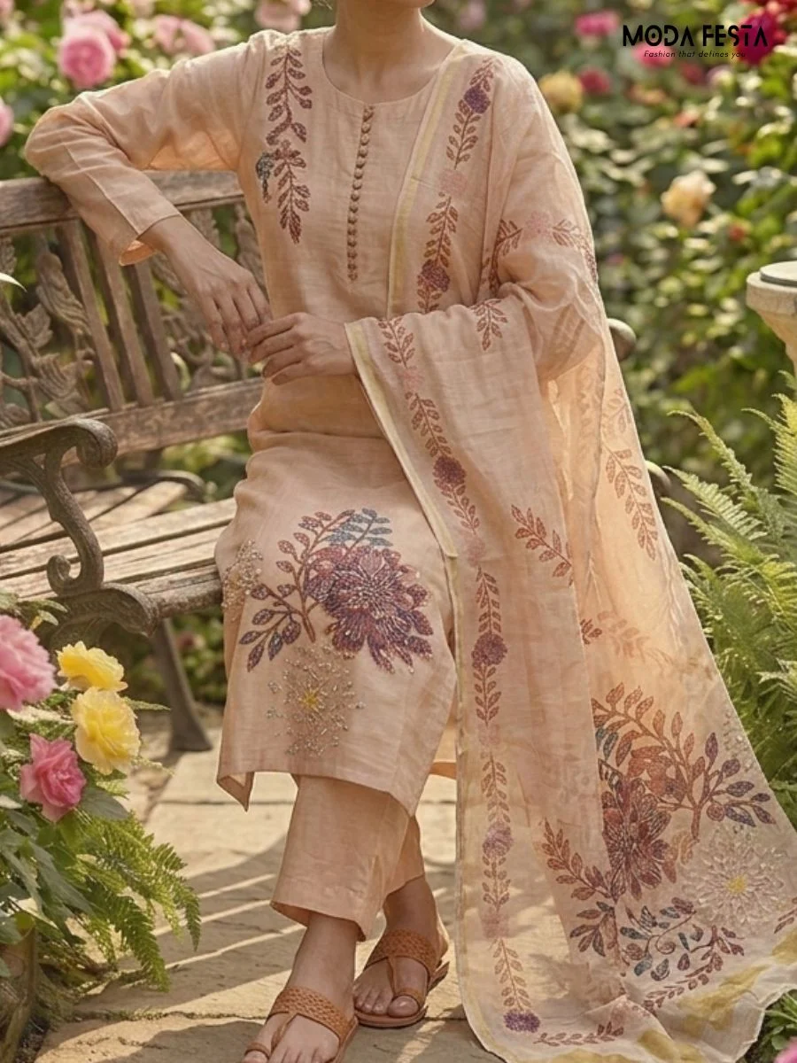 This soft-hued co-ord set features elegant floral embroidery with shimmering beadwork and a matching dupatta, creating a sophisticated and artistic look.