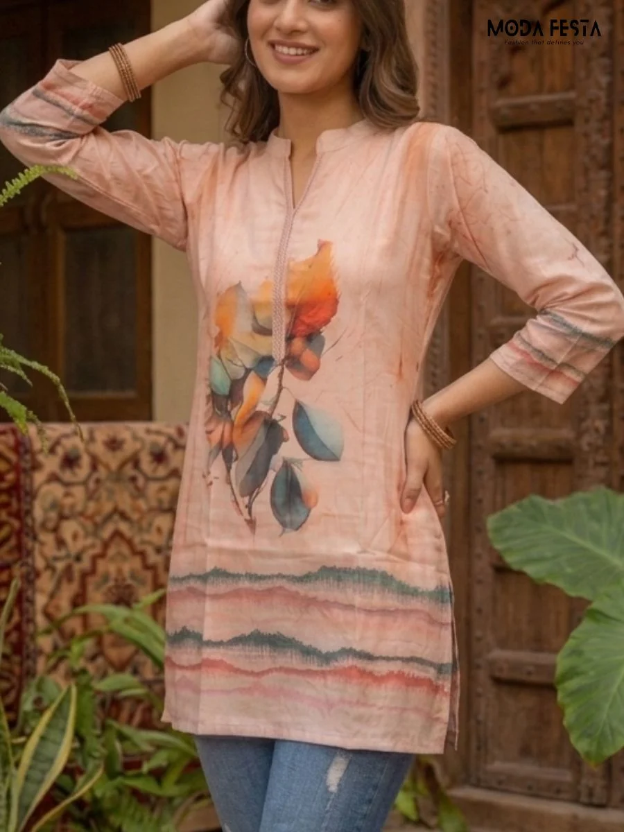 This artistic tunic showcases a vibrant, watercolor-inspired leaf motif on a soft peach background, offering a creative and contemporary take on traditional ethnic wear.