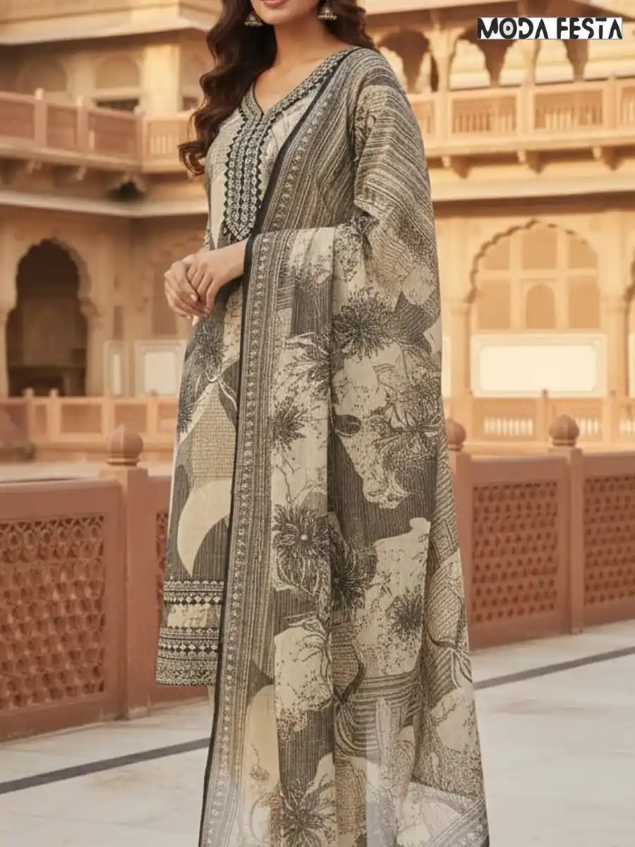 Beige Print & Stripes Kurti Set