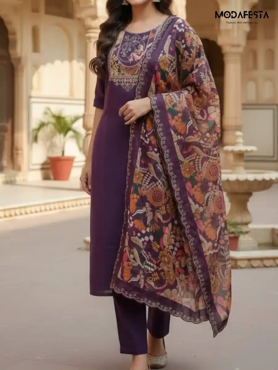 Purple Kurti Set with front kadai work