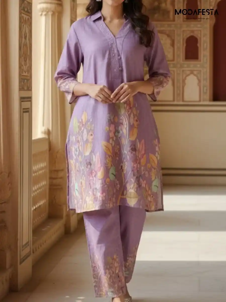 Purple printed Kurti Set with collar