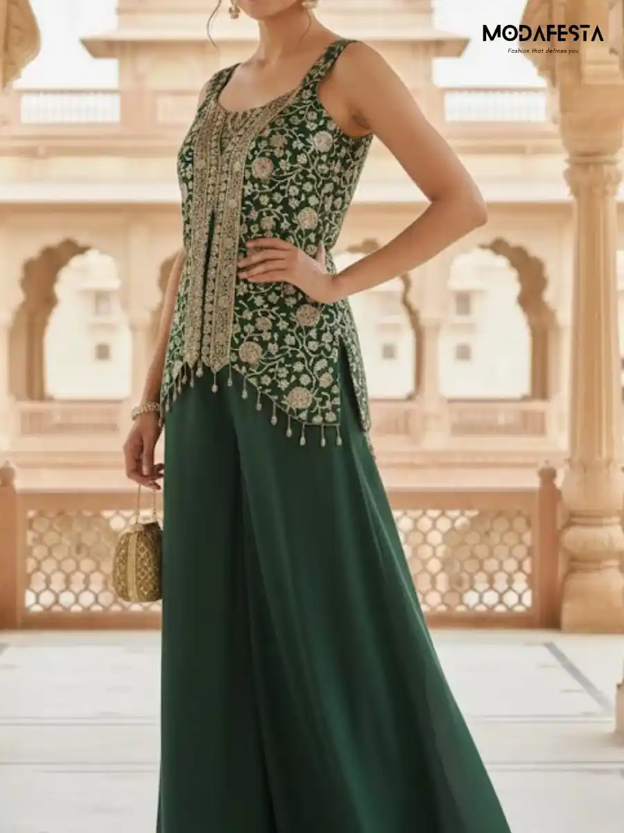 Dark Green with gold work plazo set L Size