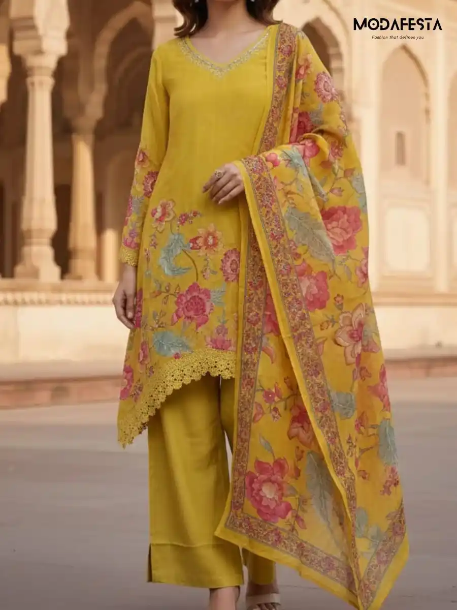 Muslin Yellow Short kurti pant