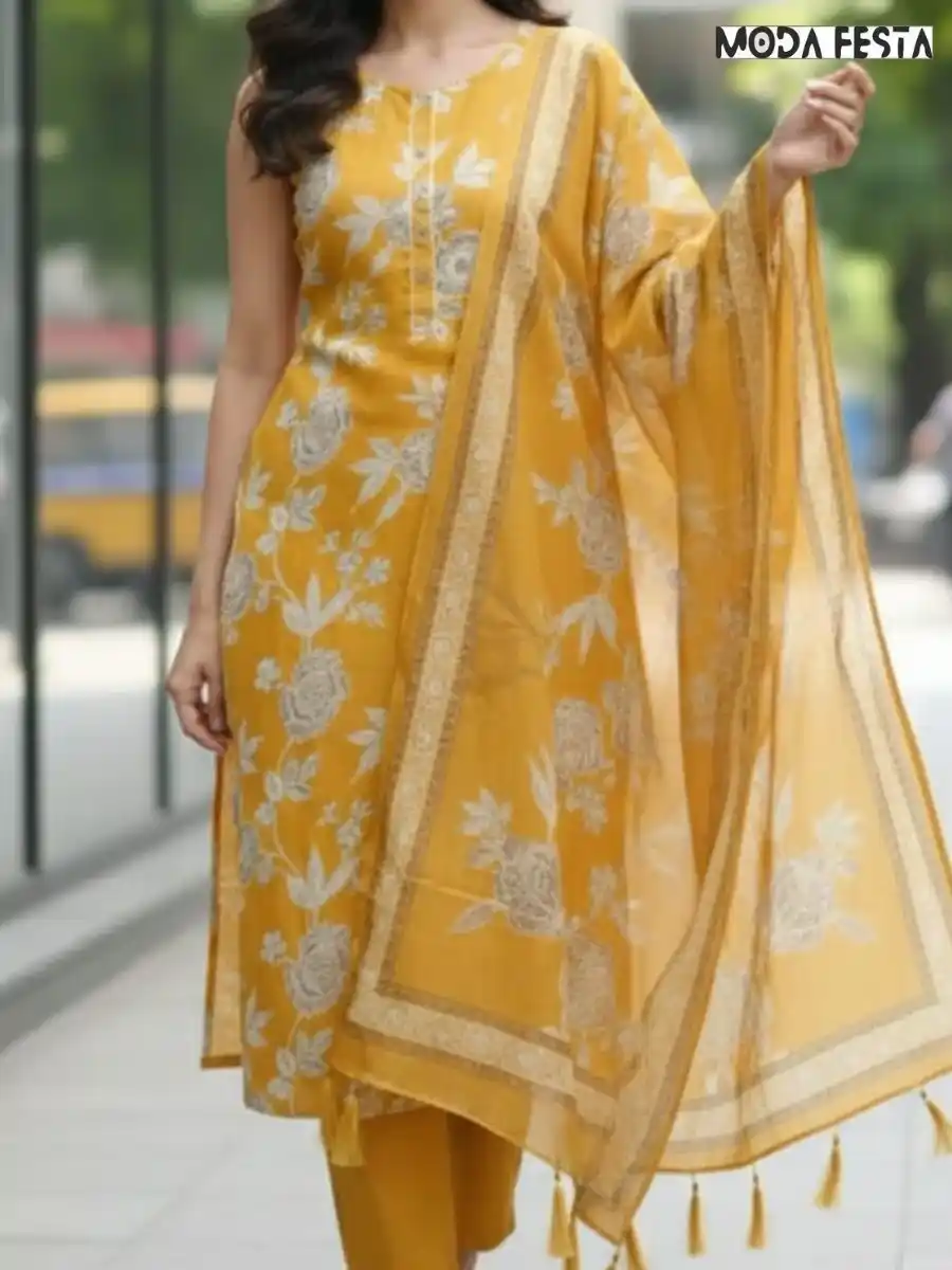Casual Sleeveless Printed Yellow kurti set