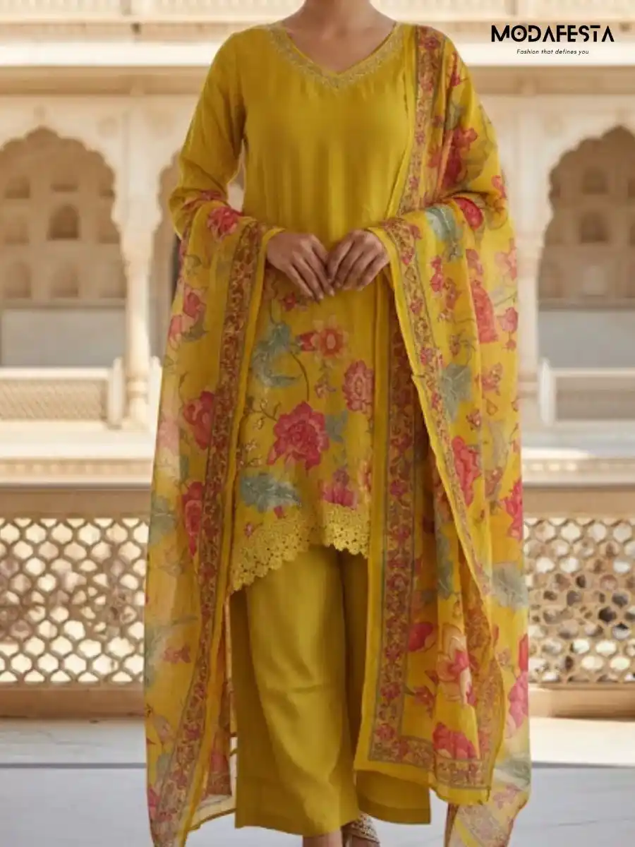 Muslin Yellow Short kurti pant
