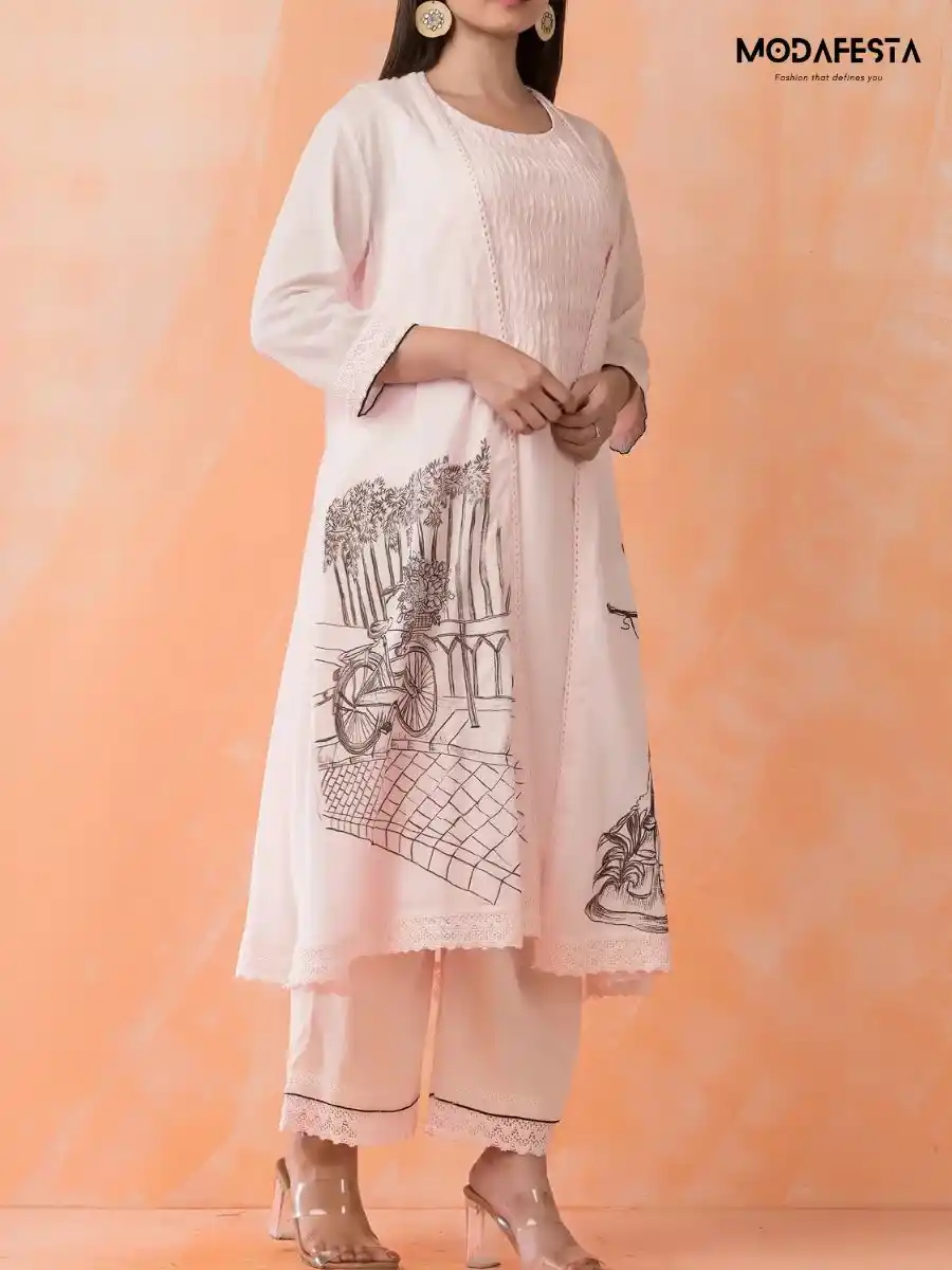 Light pink Jacket style Kurti set cotton