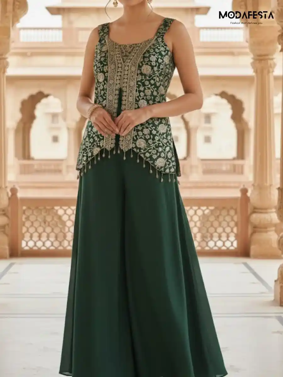 Dark Green with gold work plazo set L Size