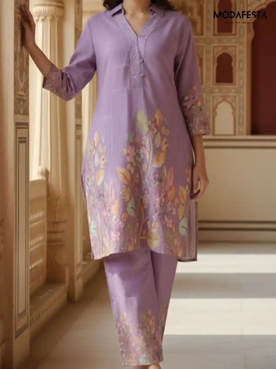 Purple printed Kurti Set with collar