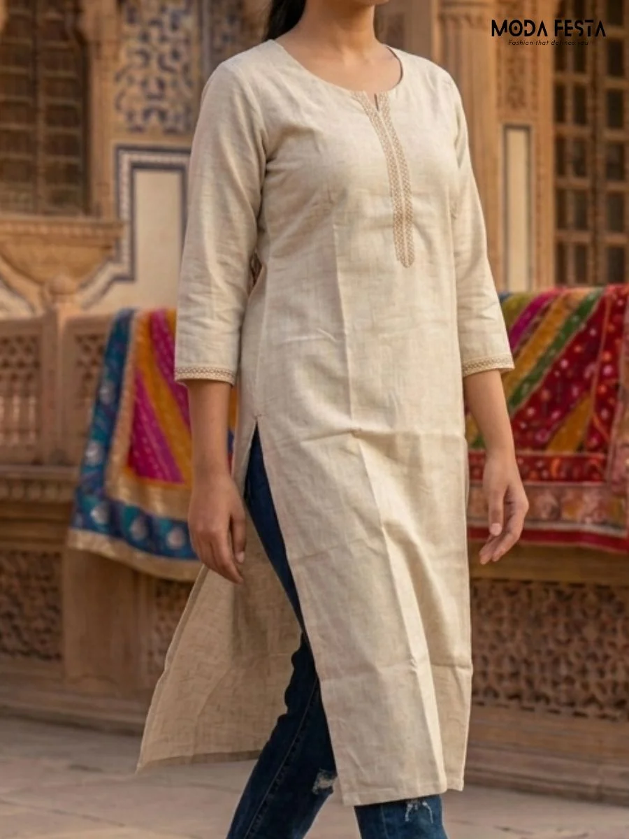 A timeless and versatile beige kurti, featuring a clean, minimalist design perfect for effortless everyday styling.