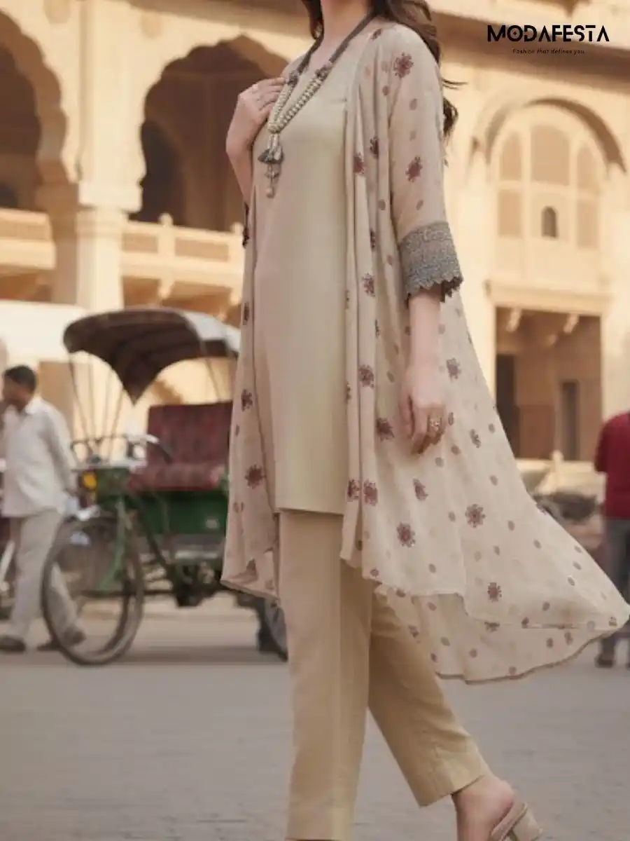 Jacket Styled Kurti sets beige with Accessories