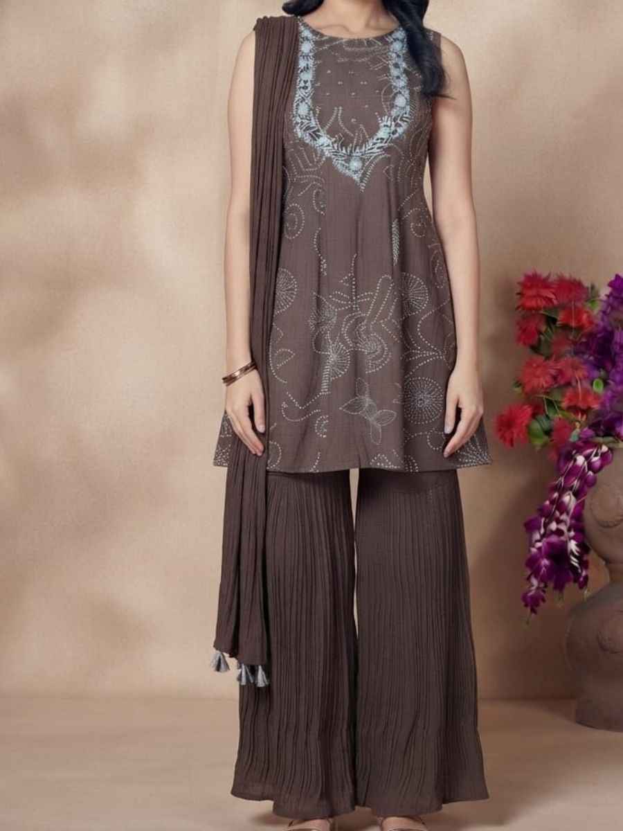 Brown Short Sharara Set Featuring a sleeveless short kurti with intricate floral embroidery along the neckline and body paired with matching flared pleated sharara pants and a gracefully draped tassel-accented dupatta