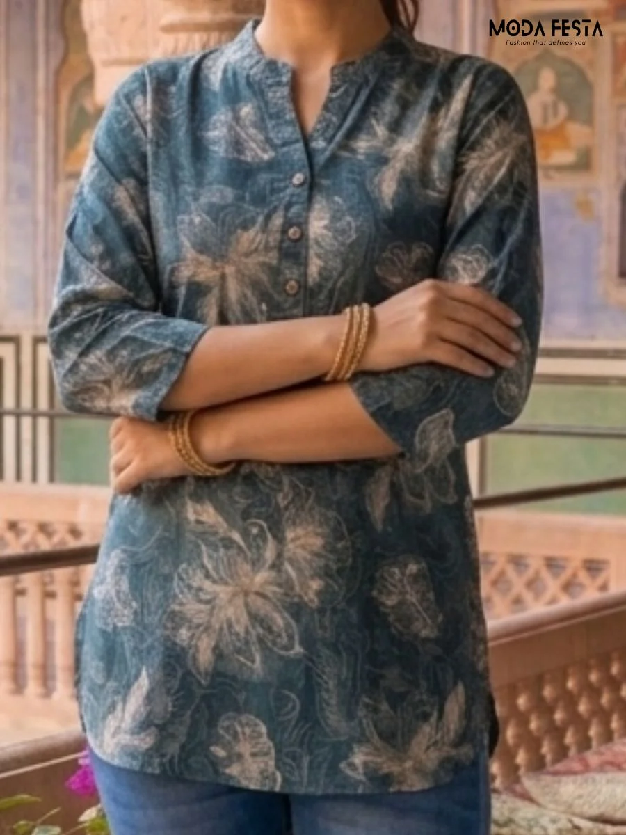 This stylish teal tunic features an intricate, light-toned floral print that adds a touch of sophisticated, effortless charm to your casual ethnic wardrobe.