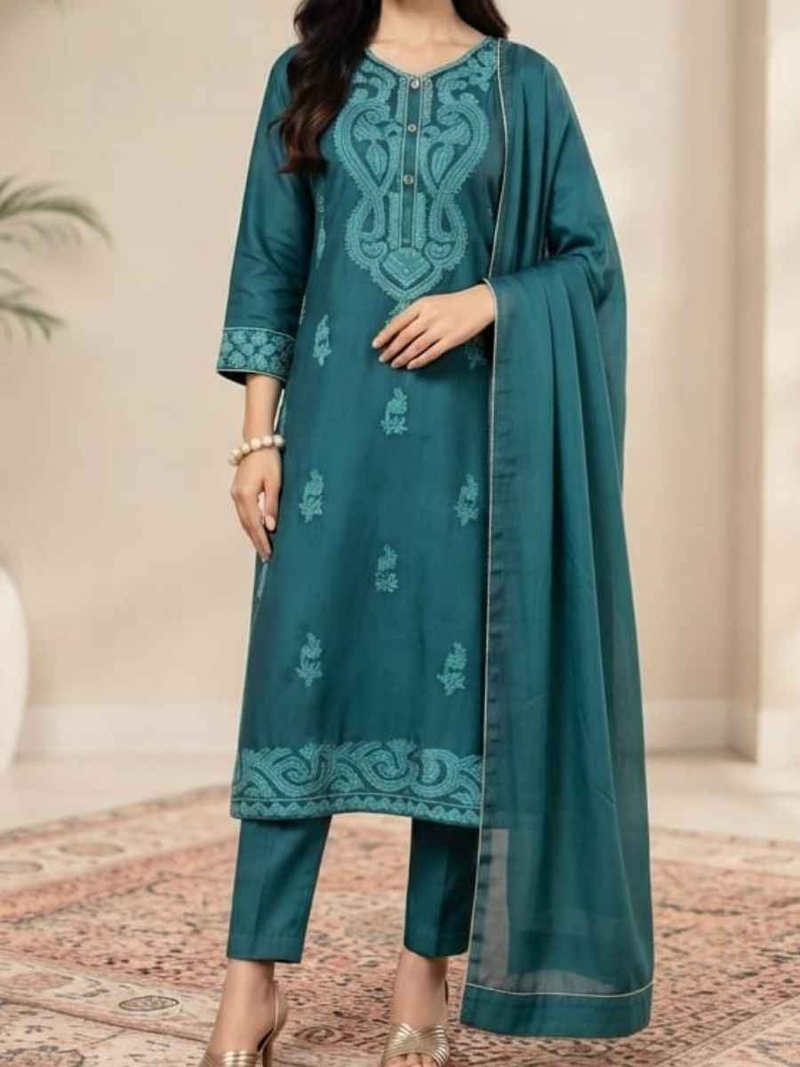 Classy Kurti Set This elegant ensemble includes a straight-cut top paired with matching ankle-length trousers and a lightweight flowing dupatta making it a perfect choice for festive occasions family gatherings and celebrations