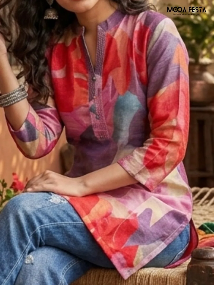This vibrant short kurti showcases a bold, multicolored floral print on soft fabric, finished with a classic mandarin collar and a refined button-down placket.