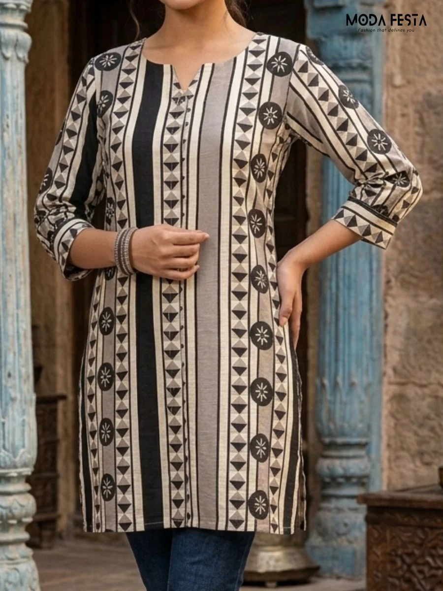 A stylish, monochrome geometric print kurti that perfectly blends modern design with ethnic charm.