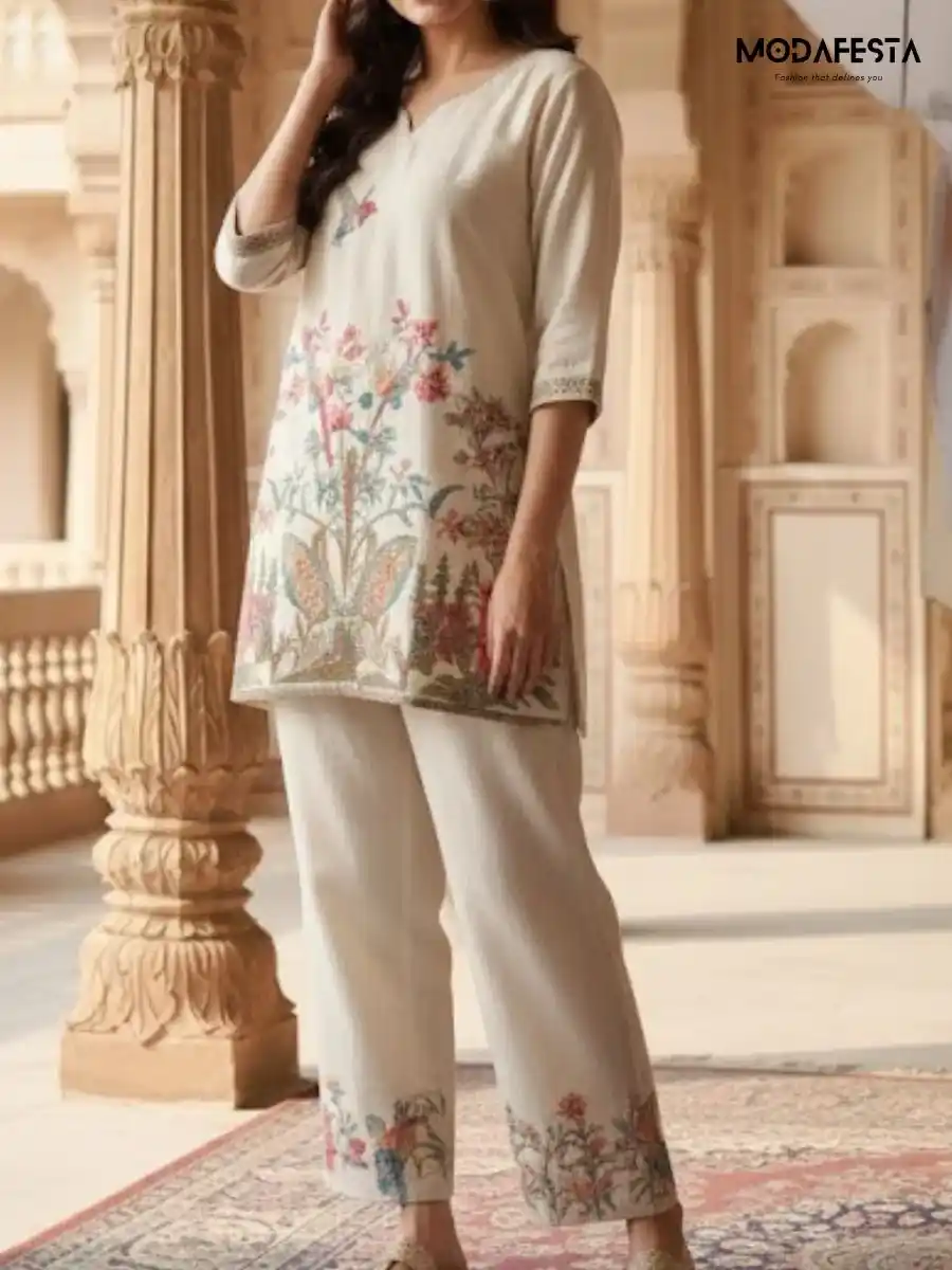 Cord set cream with parrot print
