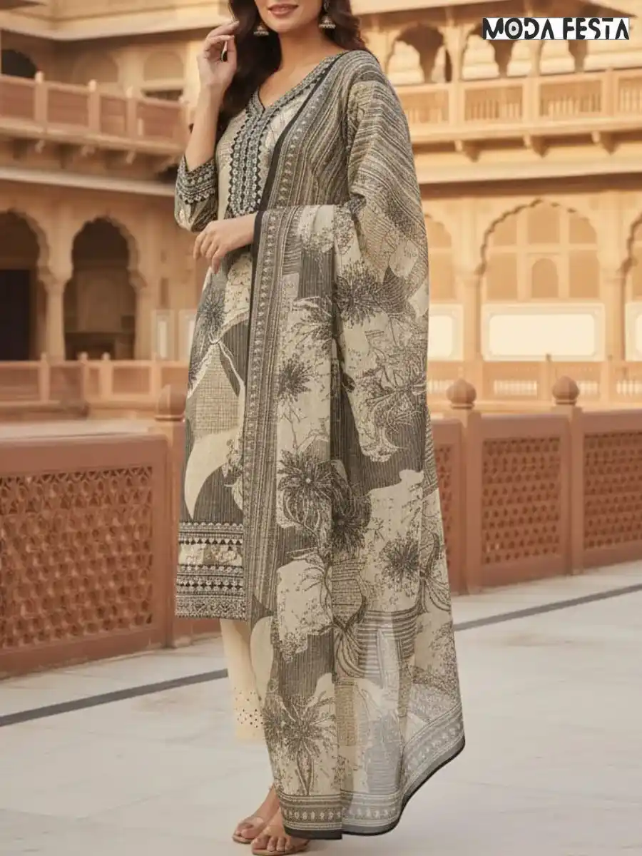 Beige Print & Stripes Kurti Set