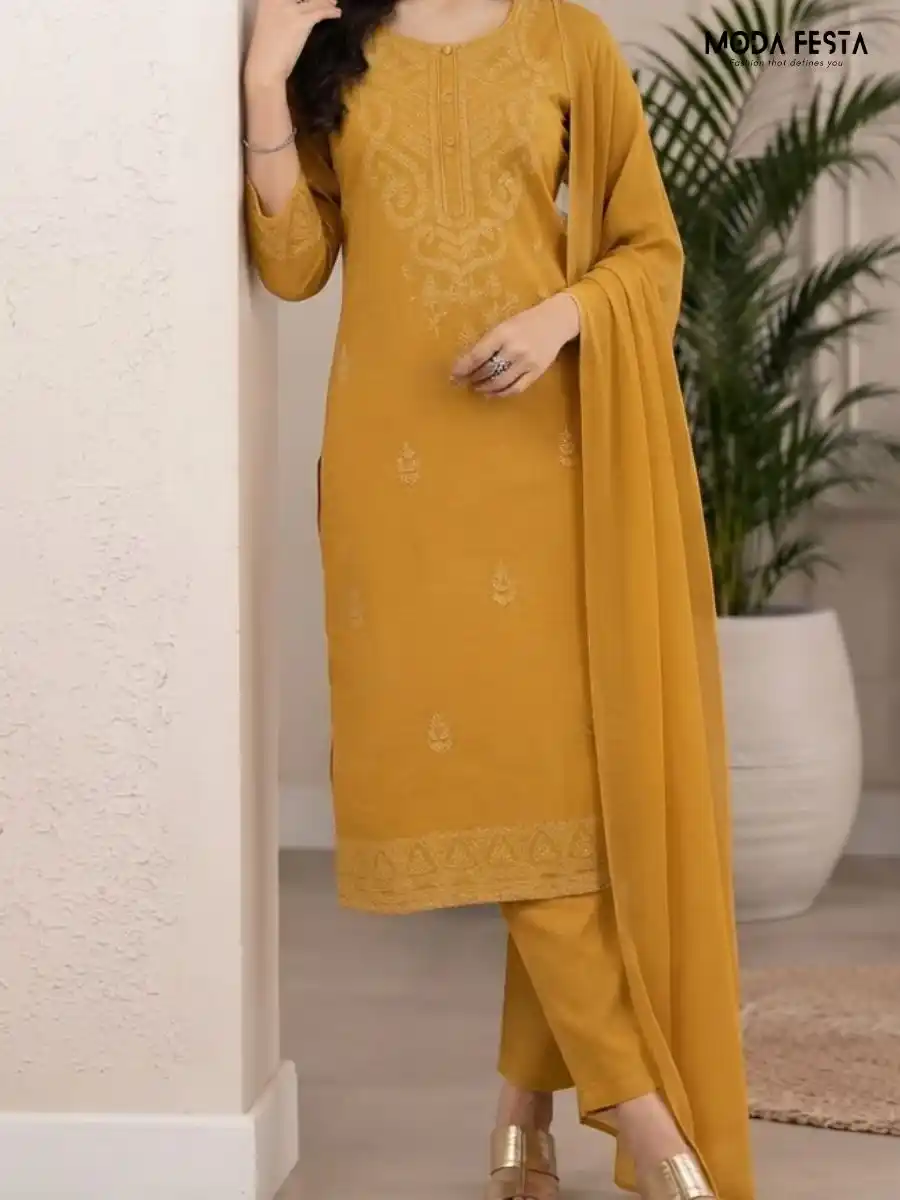 Classy Kurti Set Designed for both elegance and comfort this 3-piece set includes a gracefully embroidered straight kurta matching tailored pants and a lightweight coordinating dupatta to complete the sophisticated look