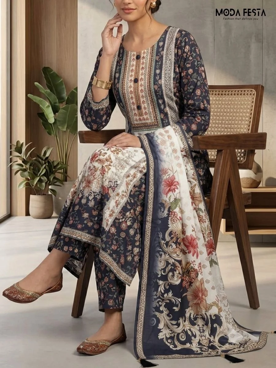 This sophisticated co-ord set features a striking floral print in deep navy and white, elegantly accented by a detailed neckline and a matching printed dupatta.