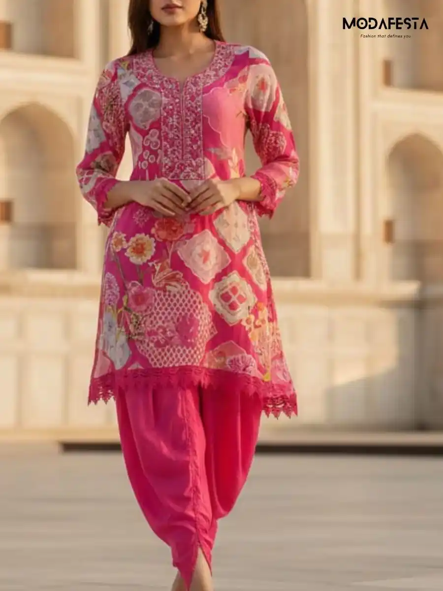 Pink muslin printed plazo set