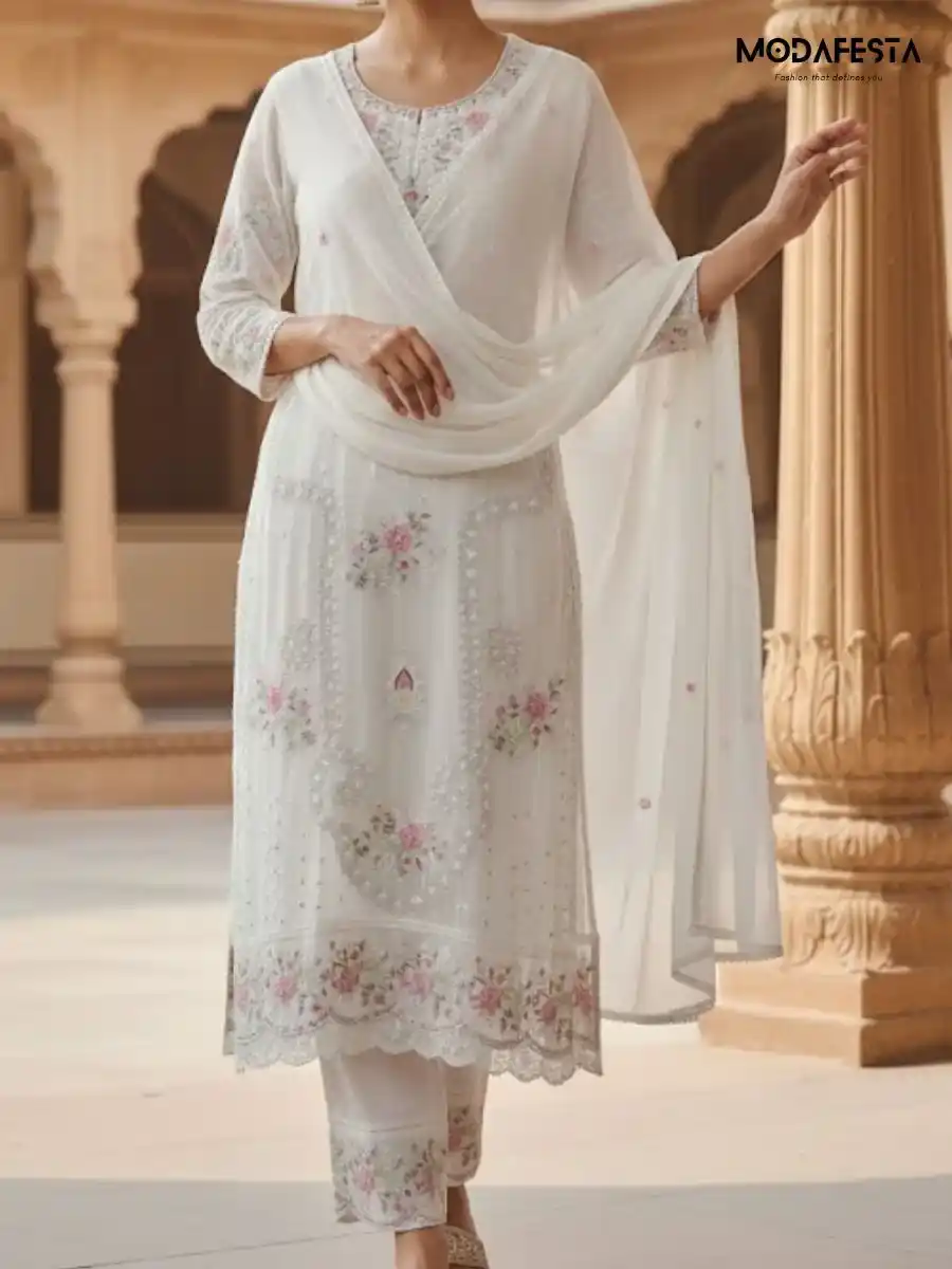 White Kurti Pant with all over work