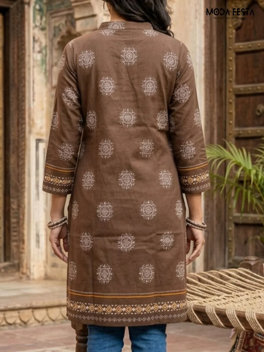 This earthy brown kurti features delicate white circular motifs and a structured mandarin collar, perfectly blending traditional patterns with a contemporary, casual silhouette.