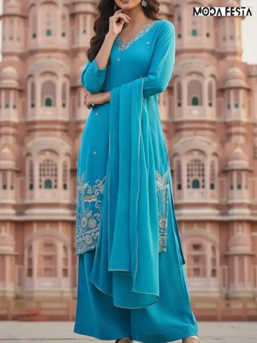 Blue Kurti Plazo with bottom work